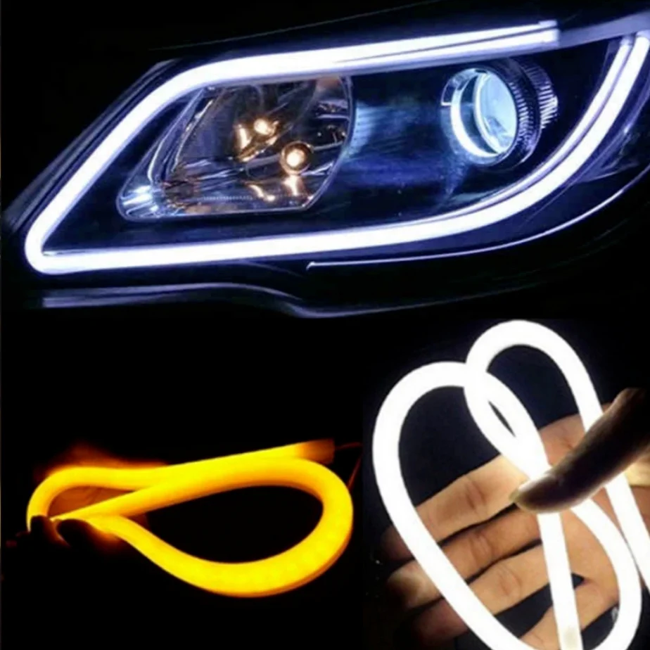 Led Flessibile per Auto 2pz, Fari Auto, Illuminazione, da 60cm, Striscia Led, Bianco & Giallo. - Image 5