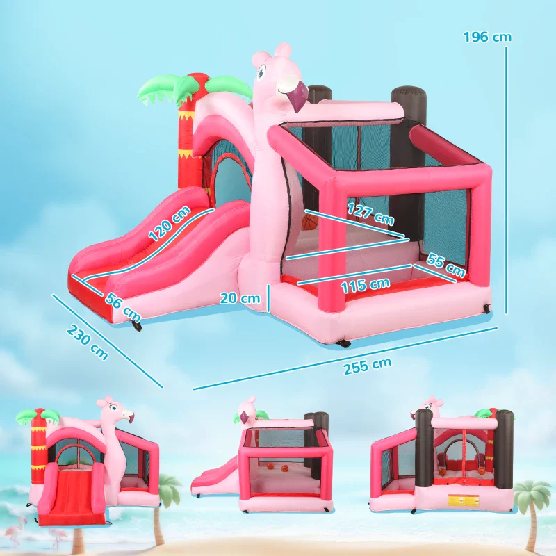 AIYAPLAY Castello Gonfiabile per Bambini con Scivolo, Trampolino, Vasca di Palline e Canestro Basket, 255x230x196 cm, Rosa - Image 4