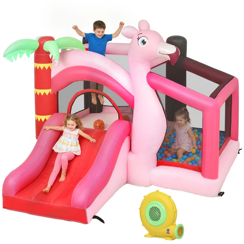 AIYAPLAY Castello Gonfiabile per Bambini con Scivolo, Trampolino, Vasca di Palline e Canestro Basket, 255x230x196 cm, Rosa - Image 5