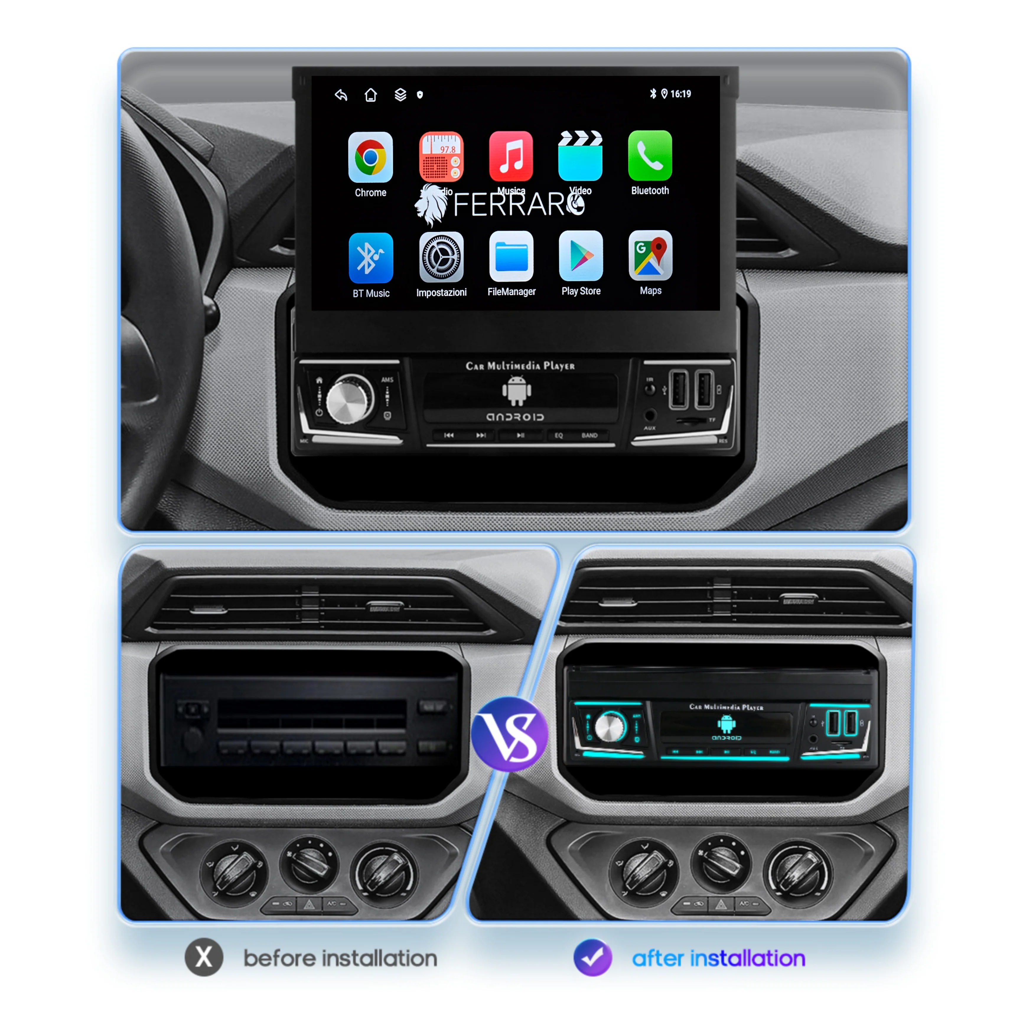 Autoradio Universale a Scomparsa Manuale (Android) 1Din 7" Pollici, Bluetooth, CarPlay, Android Auto, 2GB/4GB Ram - Image 2