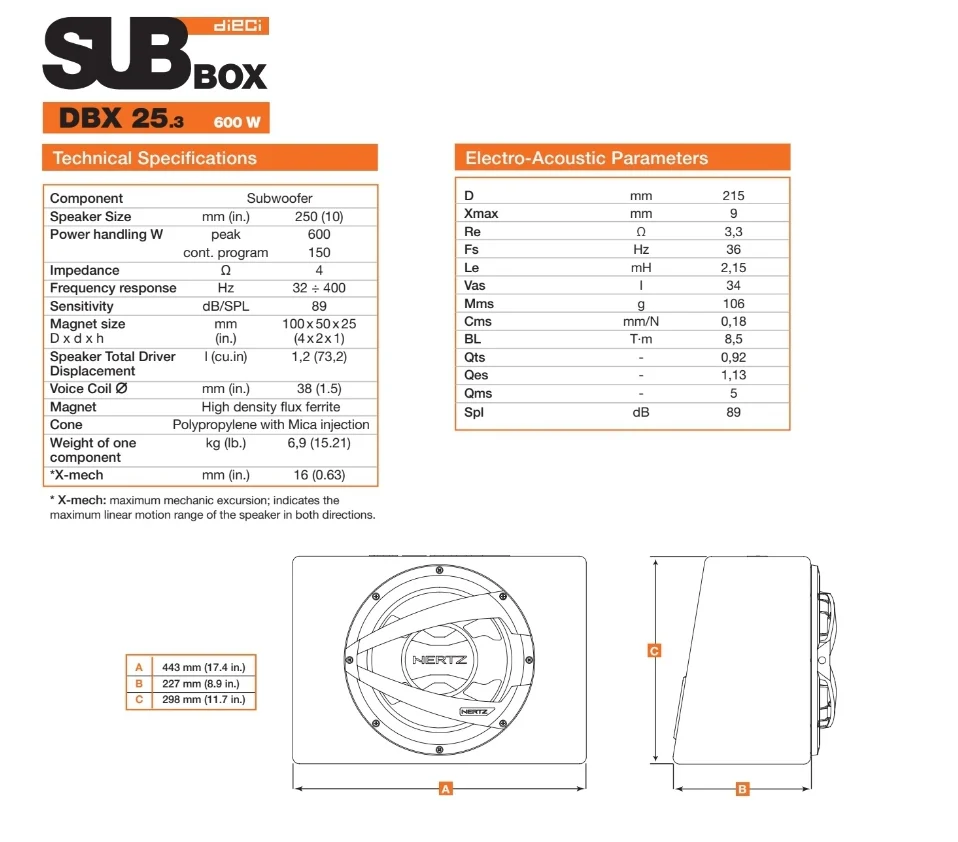 Hertz DBX 25.3, Subwoofer, 250mm, 600w, 4 Ohm - Image 5