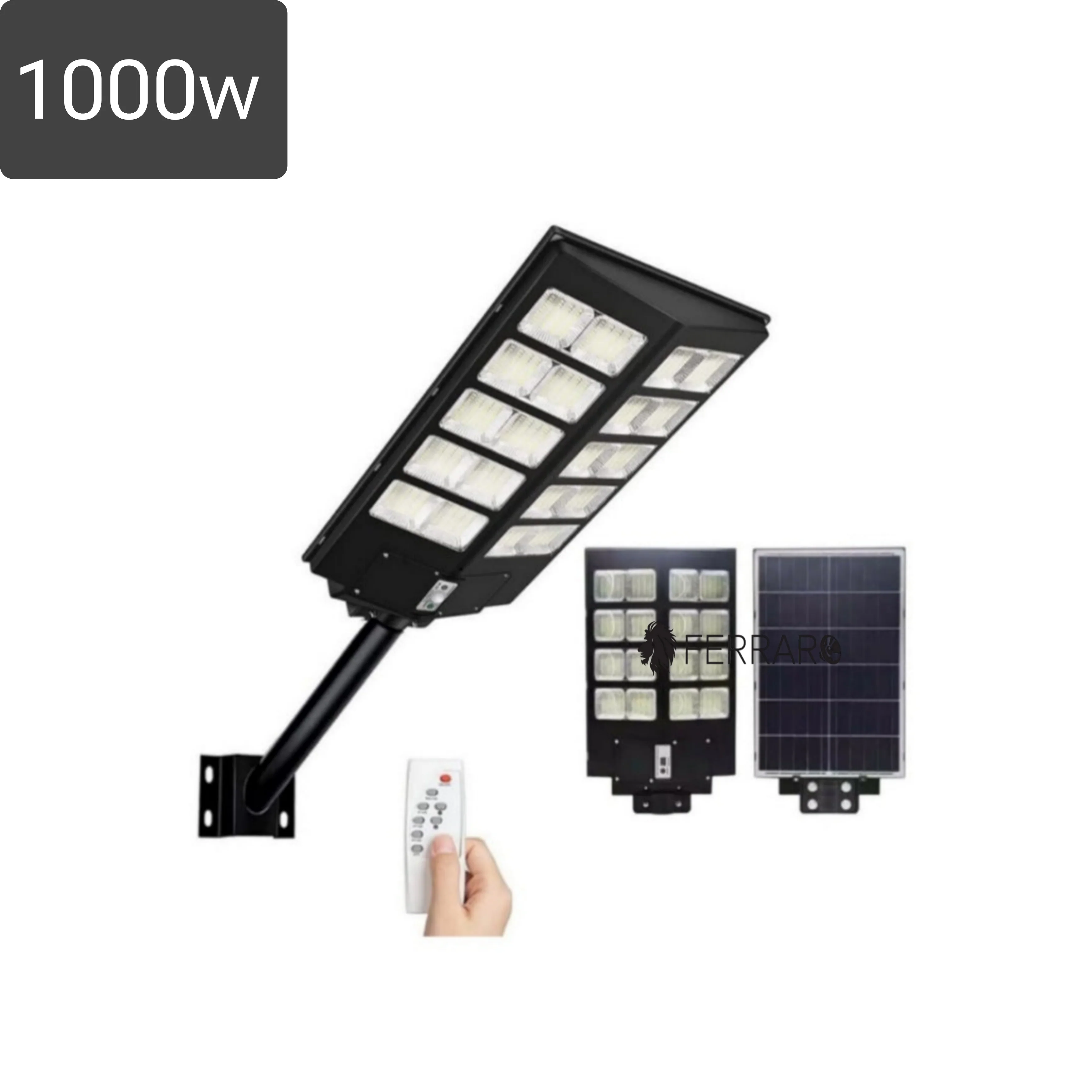 Lampione Solare 1000w, IP66, Pannello Solare,Telecomando, Luce Fredda, Crepuscolare.