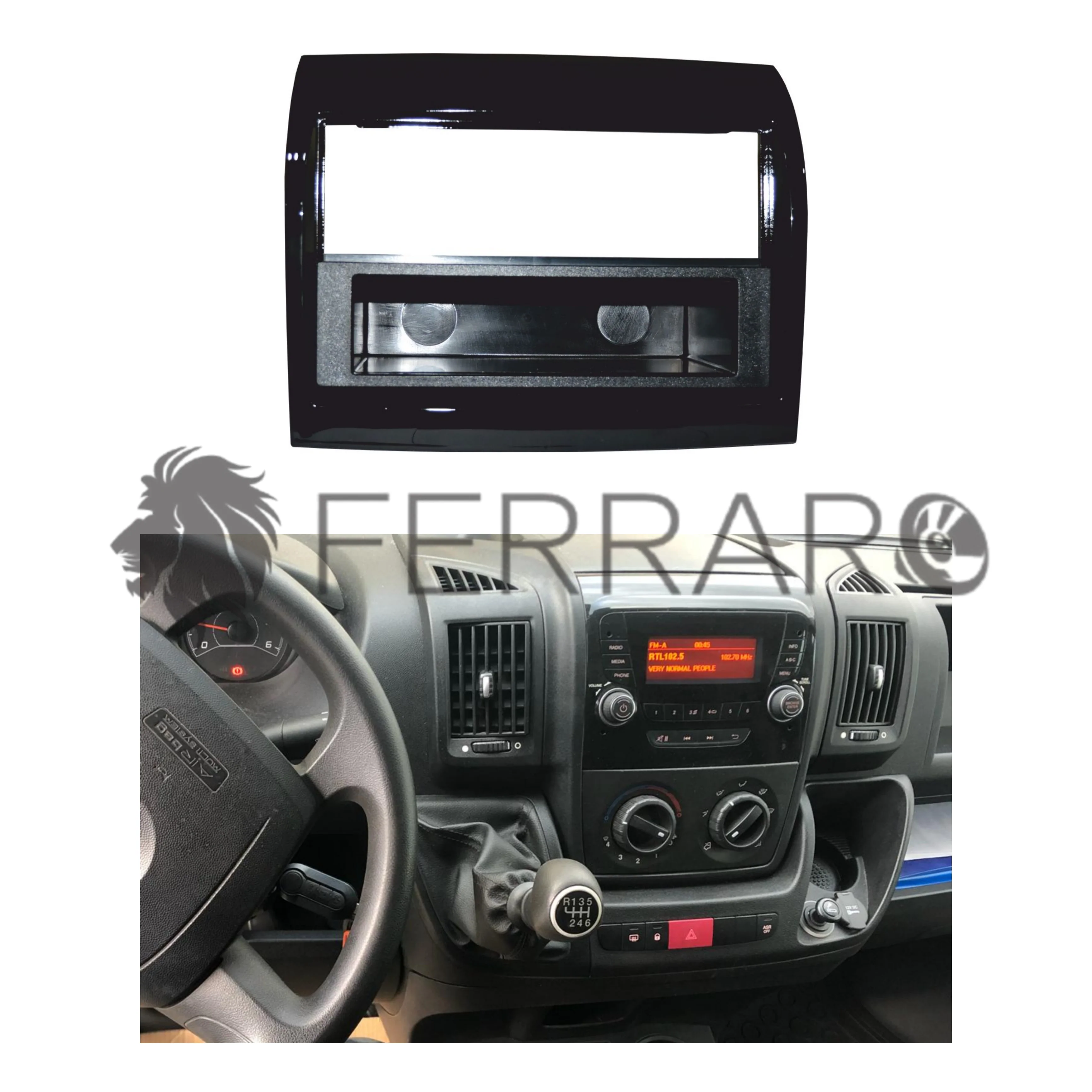 Mascherina 1DIN con Cassetto per Fiat Ducato, Citroen Jumper, Peugeot Partner, Nero Lucido, con OEM Multimedia di serie