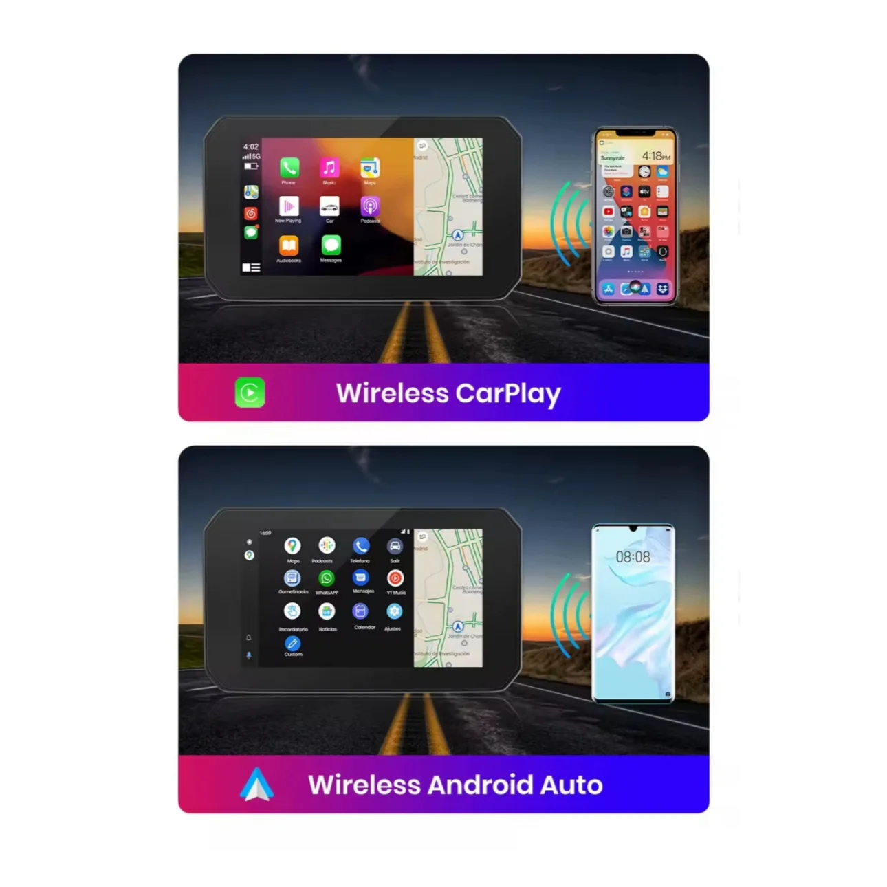 Monitor per Moto 5.5", Apple CarPlay, Android Auto, Telecamera, DashCam, Display LCD, Portatile, IP67 Impermeabile - Image 2