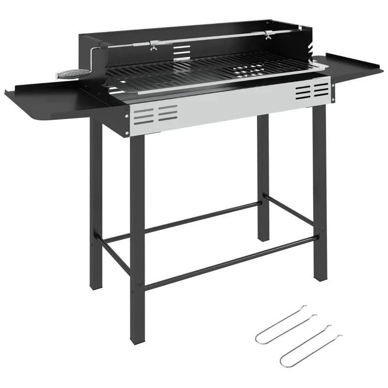 Outsunny Barbecue a Carbone a 3 Livelli con Mensole Pieghevoli e Girarrosto, in Acciaio Inox, 118x32x90 cm, Nero