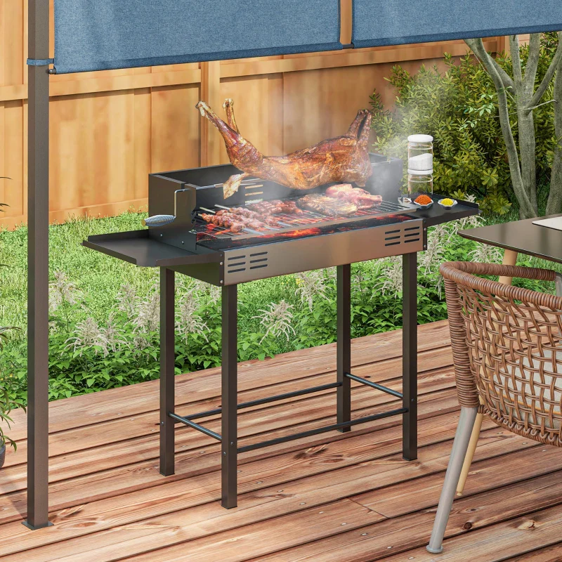 Outsunny Barbecue a Carbone a 3 Livelli con Mensole Pieghevoli e Girarrosto, in Acciaio Inox, 118x32x90 cm, Nero - Image 7