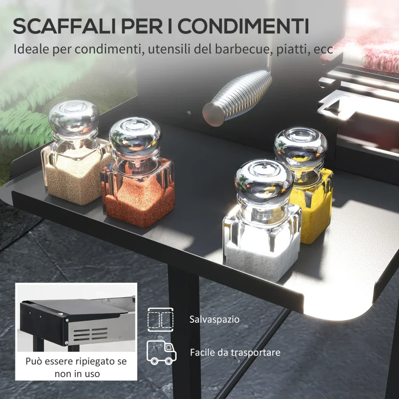 Outsunny Barbecue a Carbone a 3 Livelli con Mensole Pieghevoli e Girarrosto, in Acciaio Inox, 118x32x90 cm, Nero - Image 9