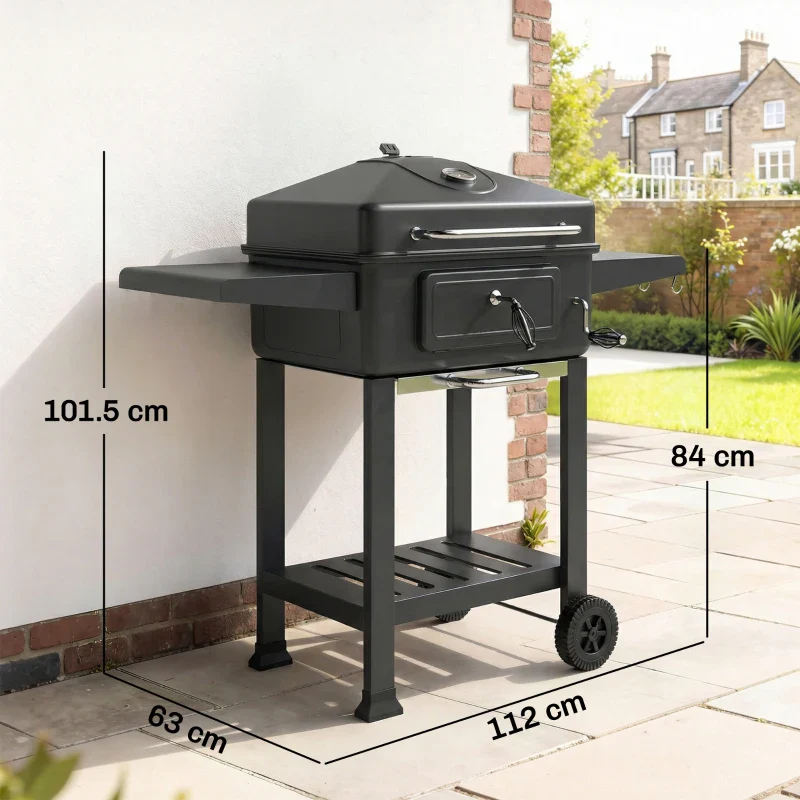 Outsunny Barbecue a Carbone, Affumicatore Portatile con Ventilazione, Termometro e Mensole Laterali, Nero - Image 3