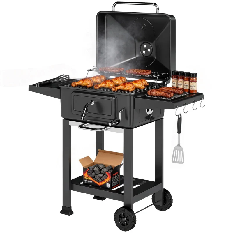 Outsunny Barbecue a Carbone, Affumicatore Portatile con Ventilazione, Termometro e Mensole Laterali, Nero - Image 4