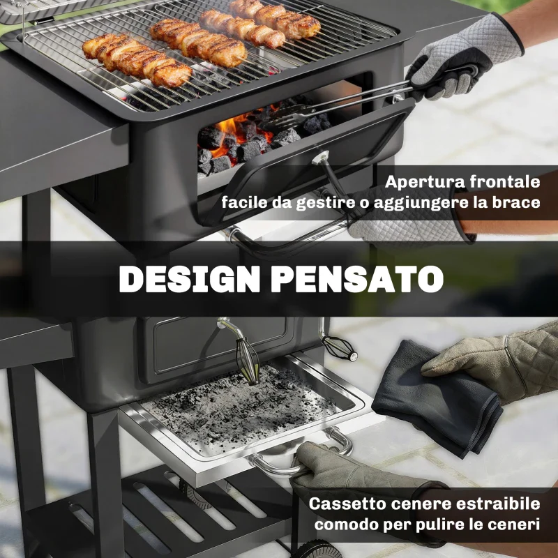 Outsunny Barbecue a Carbone, Affumicatore Portatile con Ventilazione, Termometro e Mensole Laterali, Nero - Image 5