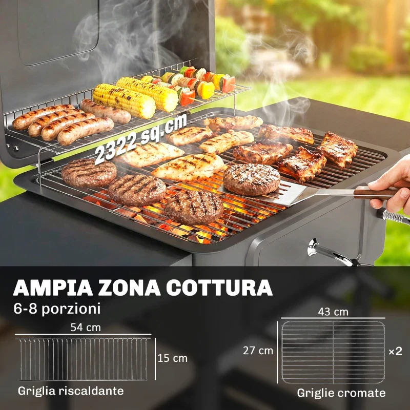 Outsunny Barbecue a Carbone, Affumicatore Portatile con Ventilazione, Termometro e Mensole Laterali, Nero - Image 7