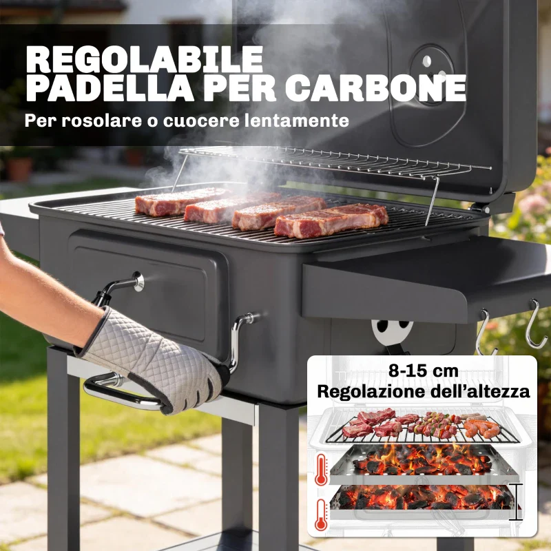 Outsunny Barbecue a Carbone, Affumicatore Portatile con Ventilazione, Termometro e Mensole Laterali, Nero - Image 9