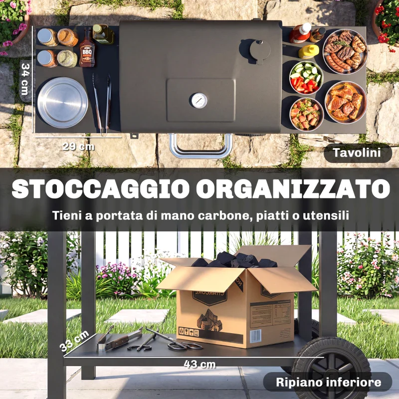 Outsunny Barbecue a Carbone con 2 Ripiani Laterali, Termometro, Coperchio e Ruote, 110x46.5x101 cm, Nero - Image 11