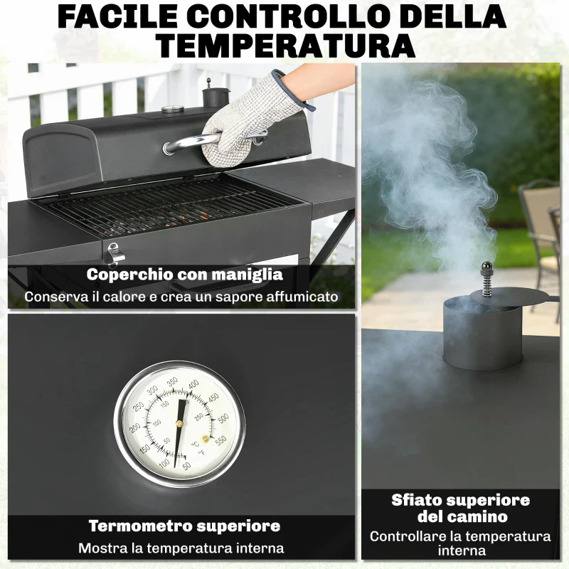 Outsunny Barbecue a Carbone con 2 Ripiani Laterali, Termometro, Coperchio e Ruote, 110x46.5x101 cm, Nero - Image 6