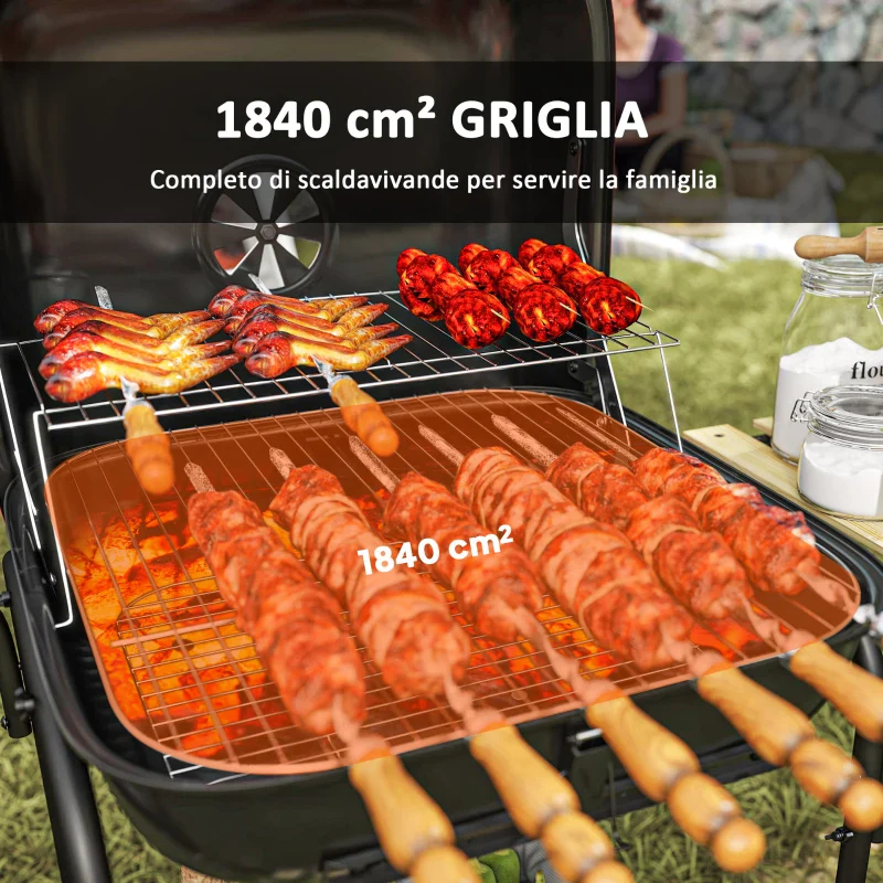 Outsunny Barbecue a Carbone con 3 Ripiani e Ruote, Coperchio con Presa d'Aria Regolabile, Rosso - Image 4