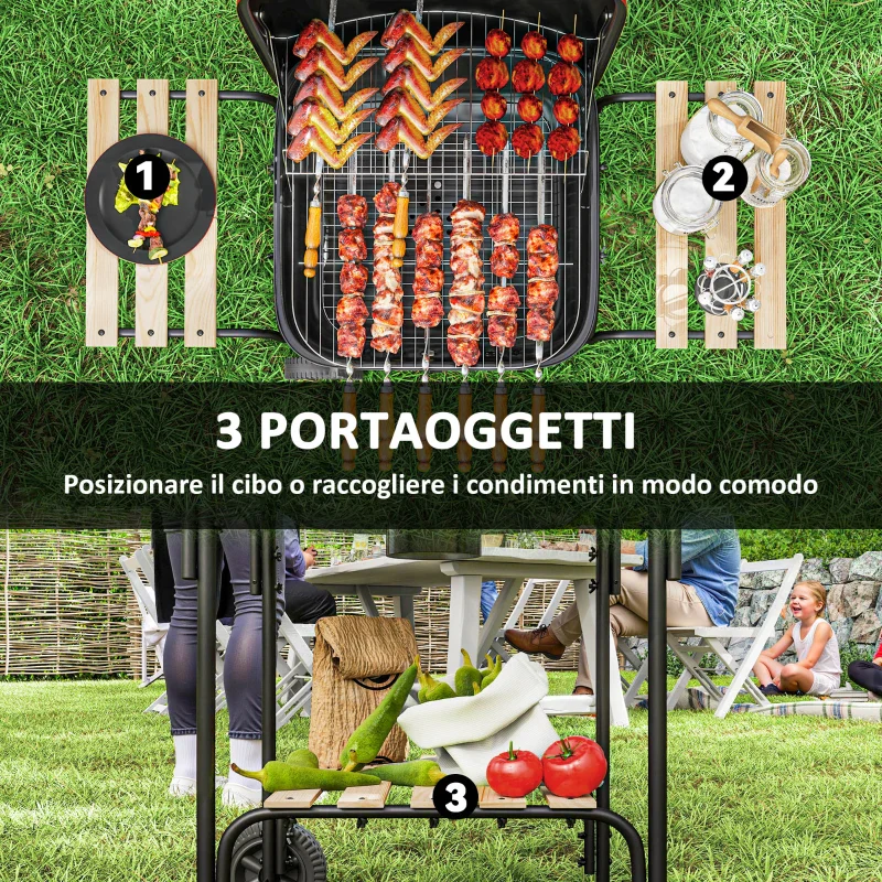 Outsunny Barbecue a Carbone con 3 Ripiani e Ruote, Coperchio con Presa d'Aria Regolabile, Rosso - Image 5