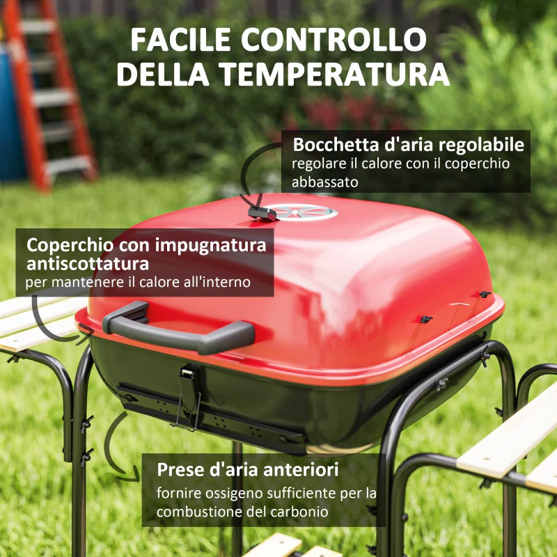 Outsunny Barbecue a Carbone con 3 Ripiani e Ruote, Coperchio con Presa d'Aria Regolabile, Rosso - Image 6