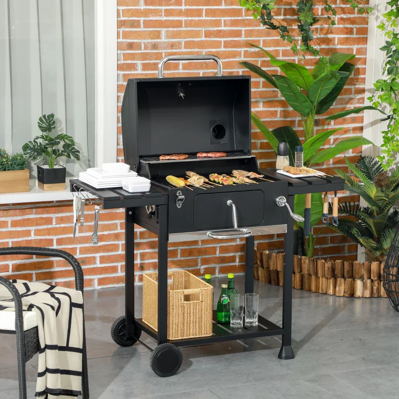 Outsunny Barbecue a Carbone con Coperchio con Termometro, Griglia Regolabile, Ruote e Tavolini, Nero - Image 3