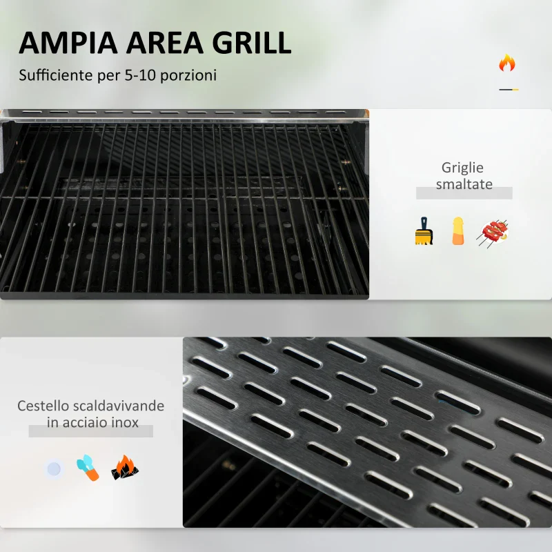 Outsunny Barbecue a Carbone con Coperchio con Termometro, Griglia Regolabile, Ruote e Tavolini, Nero - Image 4