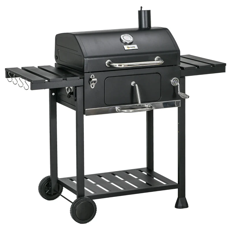 Outsunny Barbecue a Carbone con Coperchio con Termometro, Griglia Regolabile, Ruote e Tavolini, Nero - Image 5