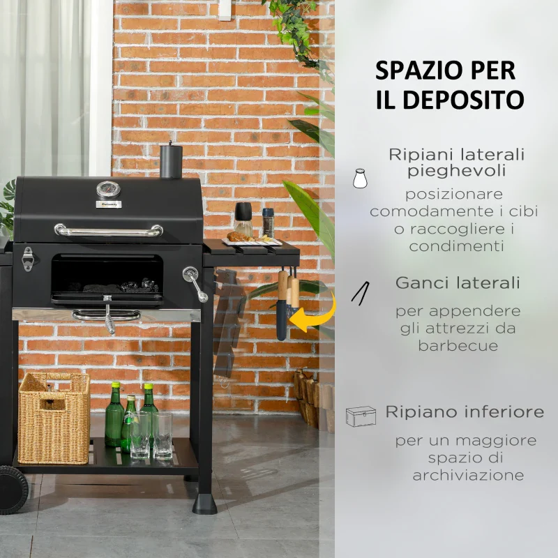 Outsunny Barbecue a Carbone con Coperchio con Termometro, Griglia Regolabile, Ruote e Tavolini, Nero - Image 9