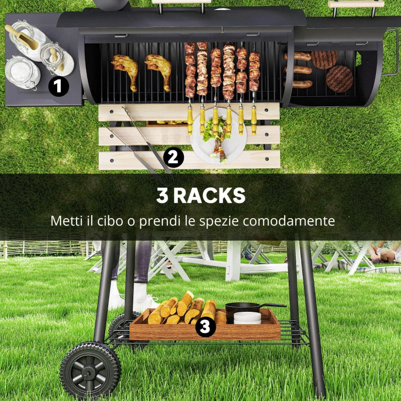 Outsunny Barbecue a Carbone con Coperchio e Affumicatore, BBQ da Giardino con Ripiani e Ruote 124x53x104 cm, Nero - Image 7