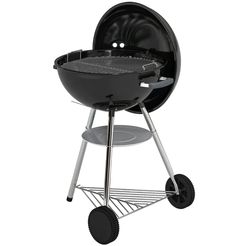 Outsunny barbecue a carbone con griglia esterna rotonda, coperchio, termometro e ruote, Nero - Image 10
