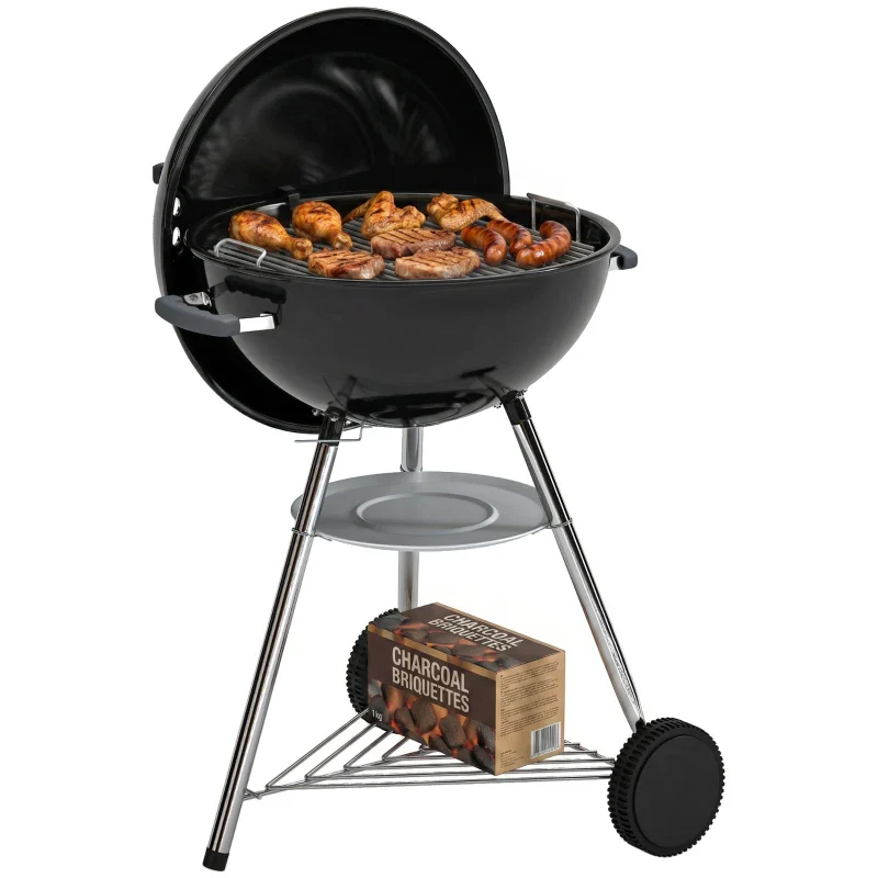 Outsunny barbecue a carbone con griglia esterna rotonda, coperchio, termometro e ruote, Nero - Image 11