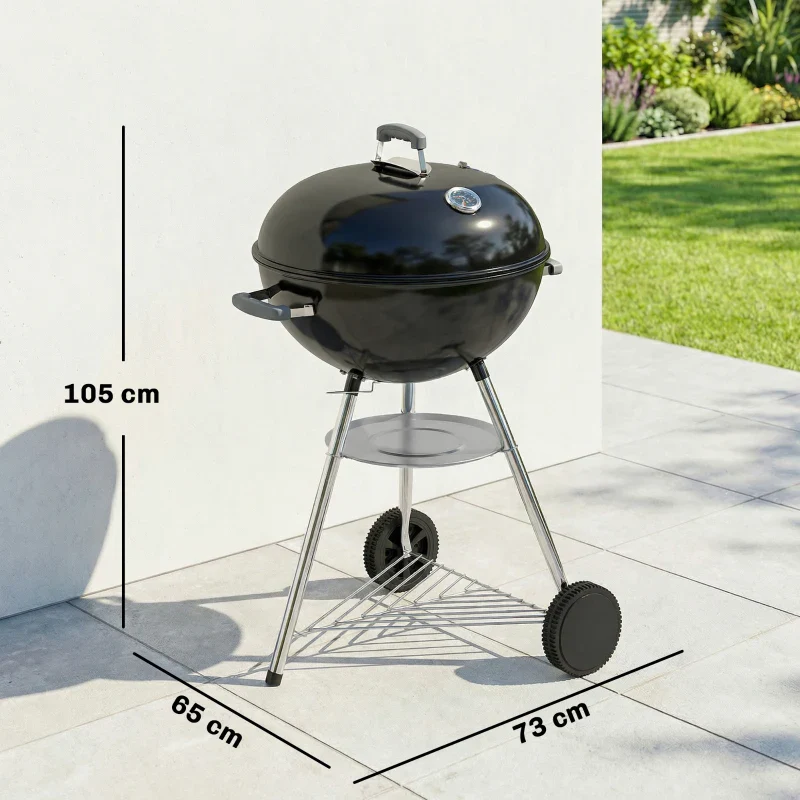 Outsunny barbecue a carbone con griglia esterna rotonda, coperchio, termometro e ruote, Nero - Image 6