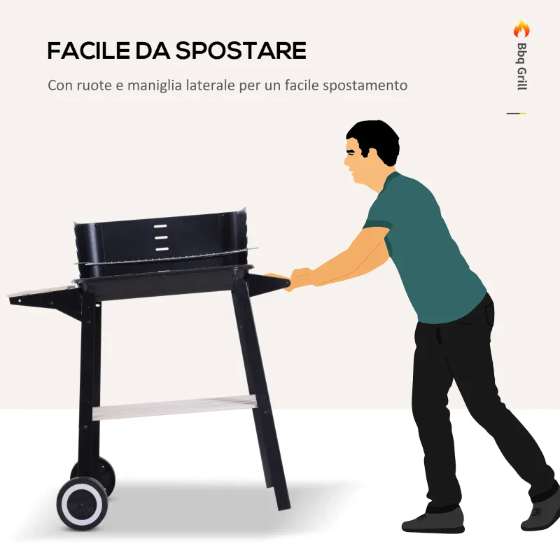 Outsunny Barbecue a Carbone con Griglia Regolabile, Ripiani e Ruote, 83x37x87cm, Nero - Image 3