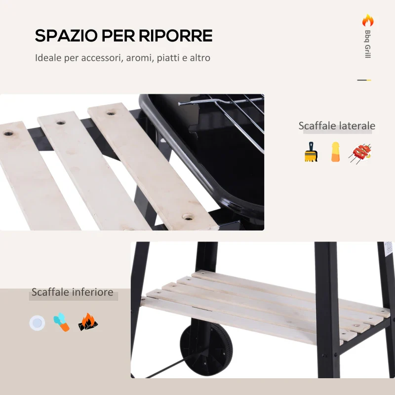 Outsunny Barbecue a Carbone con Griglia Regolabile, Ripiani e Ruote, 83x37x87cm, Nero - Image 4