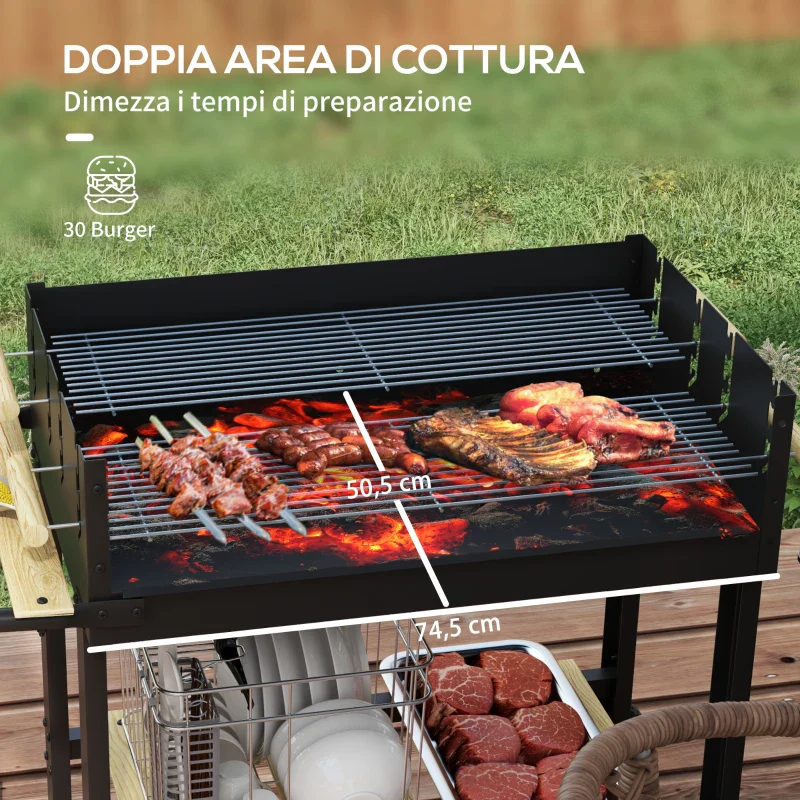Outsunny Barbecue a Carbonella ad Altezza Regolabile con 2 Griglie e 2 Ripiani, in Metallo e Legno, 113x53.5x82.5 cm, Nera - Image 11
