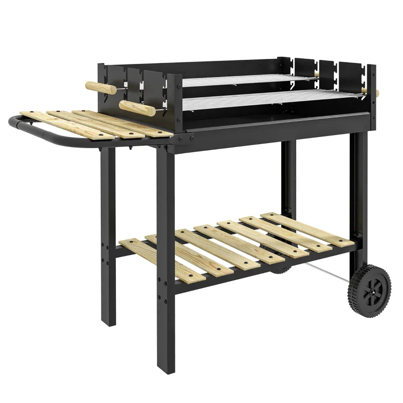 Outsunny Barbecue a Carbonella ad Altezza Regolabile con 2 Griglie e 2 Ripiani, in Metallo e Legno, 113x53.5x82.5 cm, Nera - Image 2