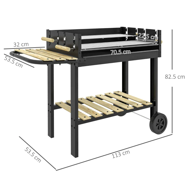 Outsunny Barbecue a Carbonella ad Altezza Regolabile con 2 Griglie e 2 Ripiani, in Metallo e Legno, 113x53.5x82.5 cm, Nera - Image 8