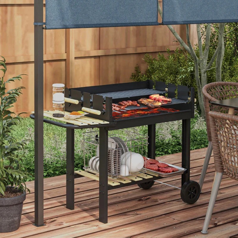Outsunny Barbecue a Carbonella ad Altezza Regolabile con 2 Griglie e 2 Ripiani, in Metallo e Legno, 113x53.5x82.5 cm, Nera - Image 9