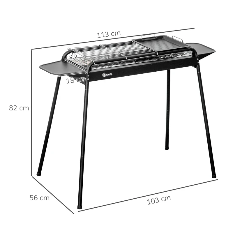 Outsunny Barbecue a Carbonella con Griglia e Piastra in Acciaio con Ripiani Laterali, 113x59x83.5cm, Nero - Image 3