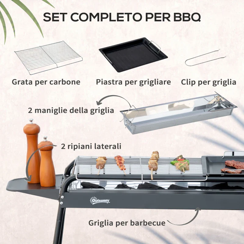 Outsunny Barbecue a Carbonella con Griglia e Piastra in Acciaio con Ripiani Laterali, 113x59x83.5cm, Nero - Image 7