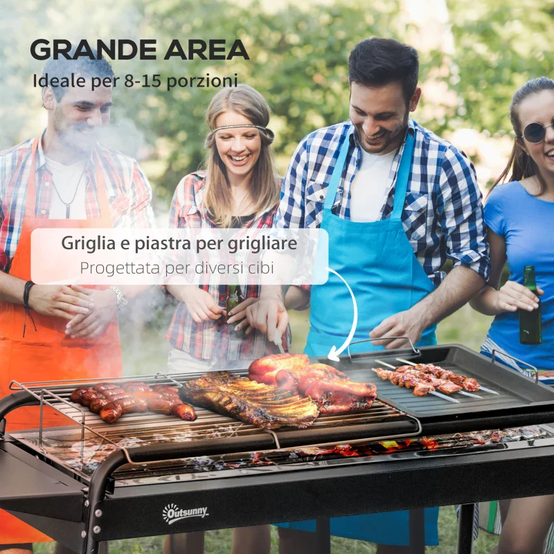 Outsunny Barbecue a Carbonella con Griglia e Piastra in Acciaio con Ripiani Laterali, 113x59x83.5cm, Nero - Image 9