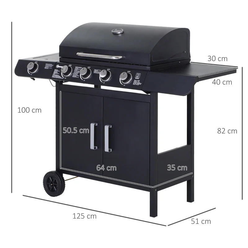 Outsunny Barbecue a Gas a 5 Fornelli con Ripiani Laterali e Armadietto, in Acciaio e PP, 125x51x100 cm, Nero - Image 2