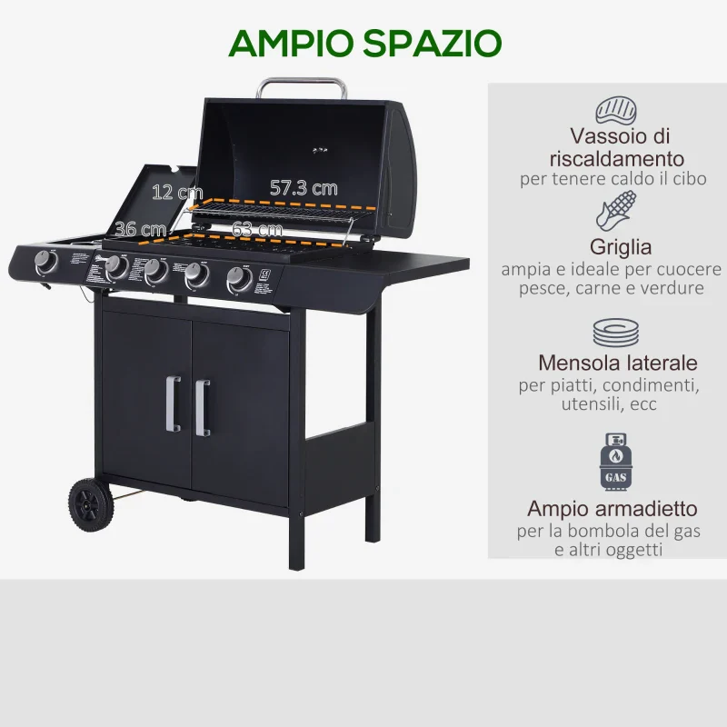 Outsunny Barbecue a Gas a 5 Fornelli con Ripiani Laterali e Armadietto, in Acciaio e PP, 125x51x100 cm, Nero - Image 4