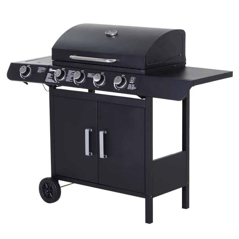 Outsunny Barbecue a Gas a 5 Fornelli con Ripiani Laterali e Armadietto, in Acciaio e PP, 125x51x100 cm, Nero - Image 5