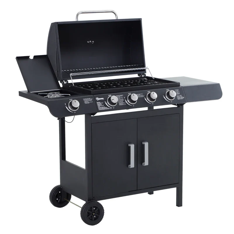 Outsunny Barbecue a Gas a 5 Fornelli con Ripiani Laterali e Armadietto, in Acciaio e PP, 125x51x100 cm, Nero - Image 6