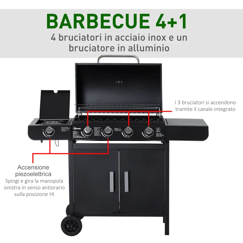 Outsunny Barbecue a Gas a 5 Fornelli con Ripiani Laterali e Armadietto, in Acciaio e PP, 125x51x100 cm, Nero - Image 7