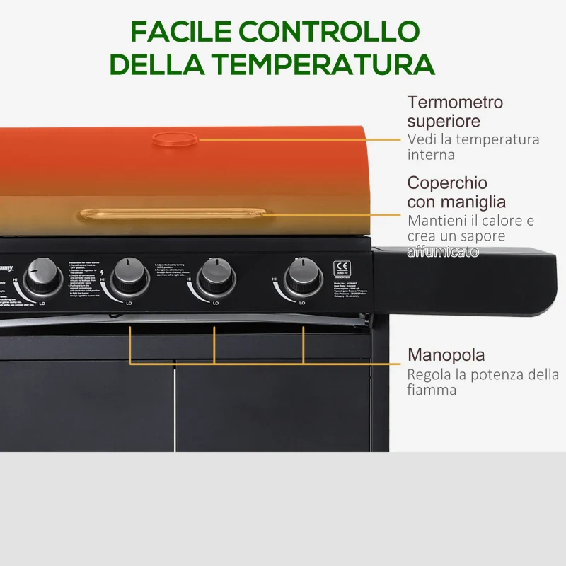 Outsunny Barbecue a Gas a 5 Fornelli con Ripiani Laterali e Armadietto, in Acciaio e PP, 125x51x100 cm, Nero - Image 8
