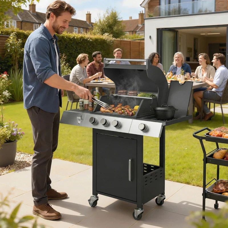 Outsunny Barbecue a Gas con 3 Fuochi e Bruciatore Laterale, 109x50x109 cm, Nero - Image 6