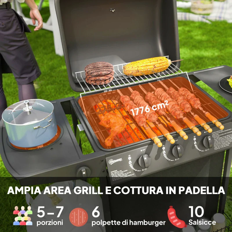 Outsunny Barbecue a Gas con 4 Bruciatori Indipendenti e Coperchio con Termometro, 108x54x97 cm, Nero - Image 10