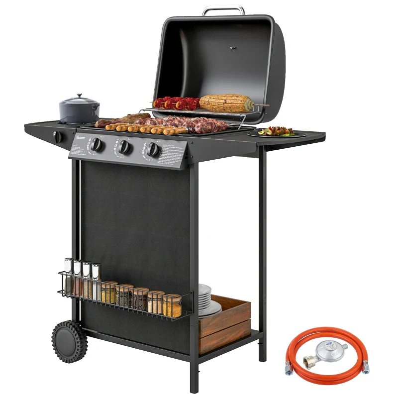 Outsunny Barbecue a Gas con 4 Bruciatori Indipendenti e Coperchio con Termometro, 108x54x97 cm, Nero - Image 11