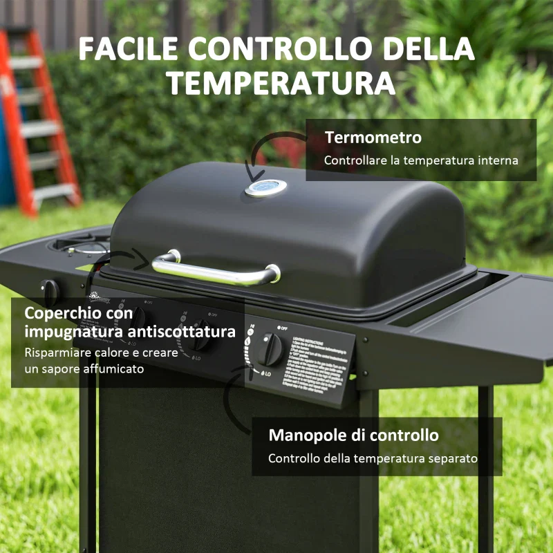 Outsunny Barbecue a Gas con 4 Bruciatori Indipendenti e Coperchio con Termometro, 108x54x97 cm, Nero - Image 6