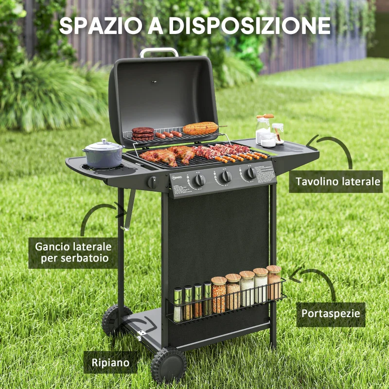 Outsunny Barbecue a Gas con 4 Bruciatori Indipendenti e Coperchio con Termometro, 108x54x97 cm, Nero - Image 9