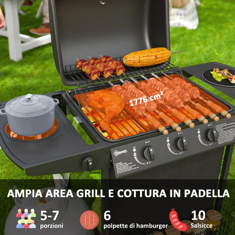 Outsunny Barbecue a Gas con 4 Bruciatori Indipendenti e Coperchio con Termometro, 108x54x97 cm, Nero - Image 5